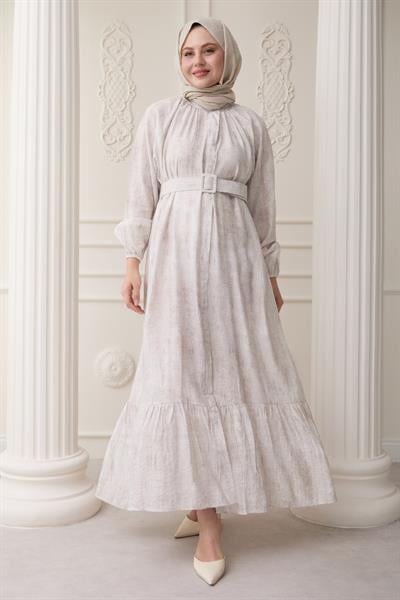 Hakim Yaka Çilek Desen Ekru Elbise