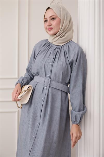 Hakim Yaka Çilek Desen Gri Elbise