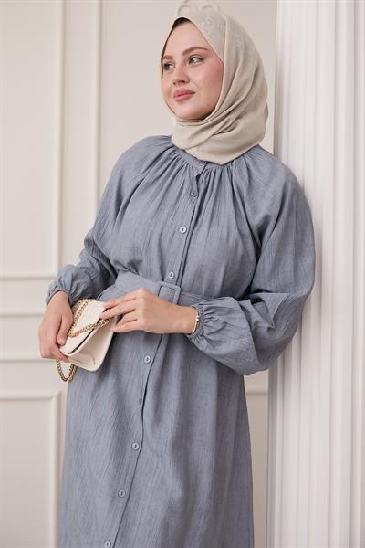 Hakim Yaka Çilek Desen Gri Elbise