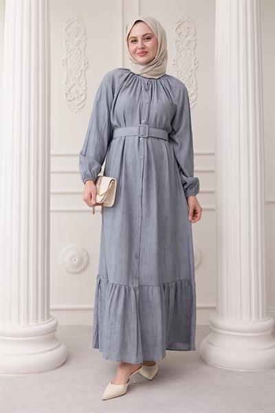 Hakim Yaka Çilek Desen Gri Elbise