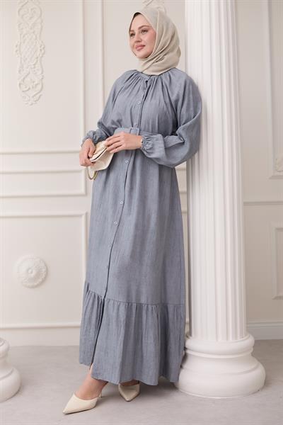 Hakim Yaka Çilek Desen Gri Elbise