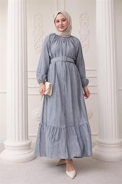 Hakim Yaka Çilek Desen Gri Elbise