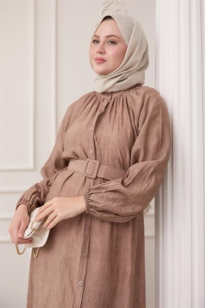 Hakim Yaka Çilek Desen Kahverengi Elbise