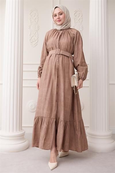Hakim Yaka Çilek Desen Kahverengi Elbise