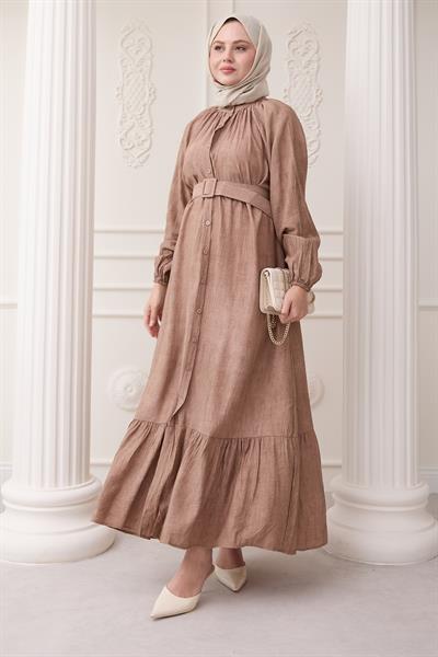 Hakim Yaka Çilek Desen Kahverengi Elbise