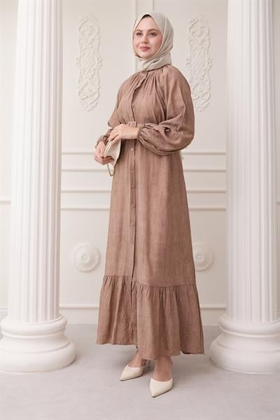 Hakim Yaka Çilek Desen Kahverengi Elbise