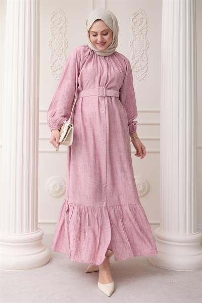 Hakim Yaka Çilek Desen Pembe Elbise