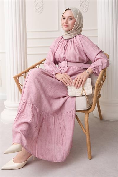 Hakim Yaka Çilek Desen Pembe Elbise