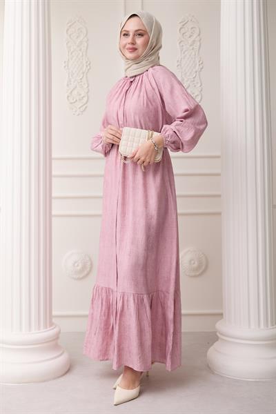 Hakim Yaka Çilek Desen Pembe Elbise