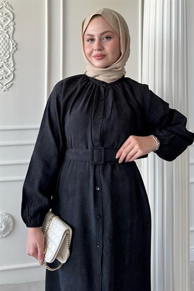 Hakim Yaka Çilek Desen Siyah Elbise