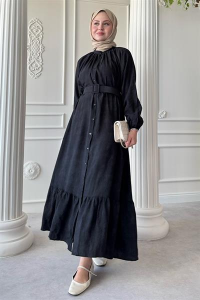 Hakim Yaka Çilek Desen Siyah Elbise