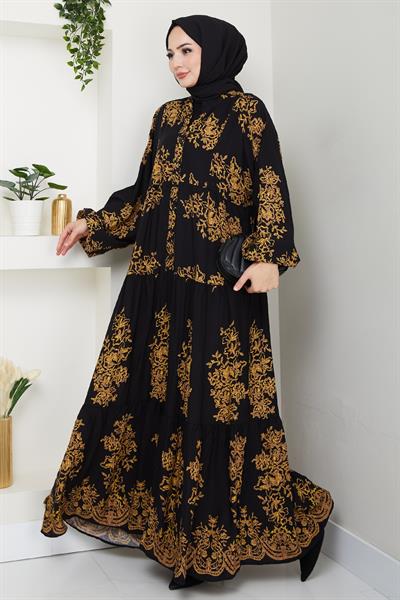 Hakim Yaka Desenli Siyah Viskon Elbise