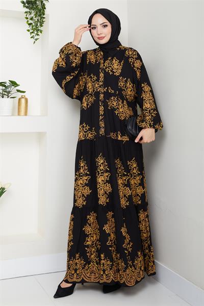 Hakim Yaka Desenli Siyah Viskon Elbise