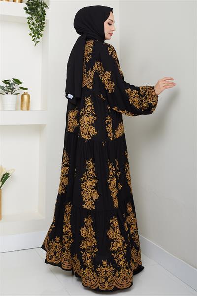 Hakim Yaka Desenli Siyah Viskon Elbise