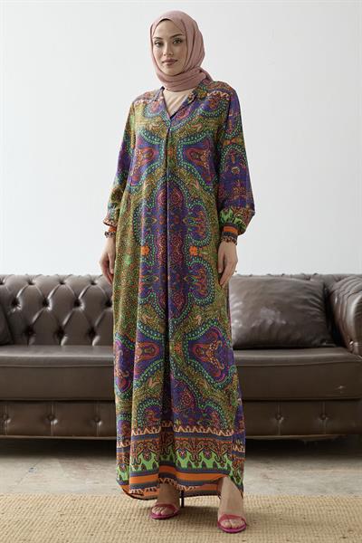 Hakim Yaka Etnik Desen Oranj Viskon Elbise