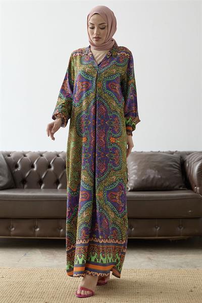 Hakim Yaka Etnik Desen Oranj Viskon Elbise