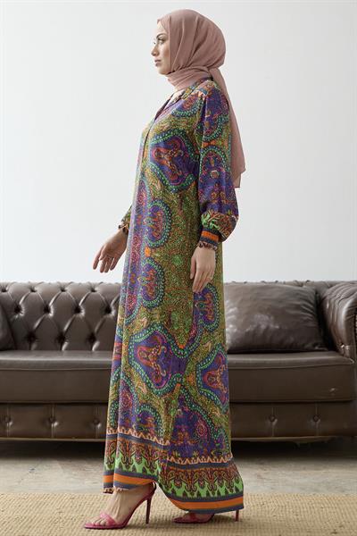 Hakim Yaka Etnik Desen Oranj Viskon Elbise