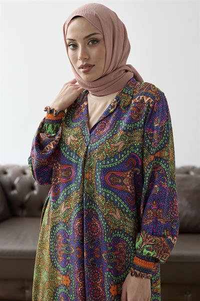 Hakim Yaka Etnik Desen Oranj Viskon Elbise