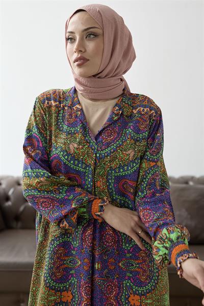 Hakim Yaka Etnik Desen Oranj Viskon Elbise