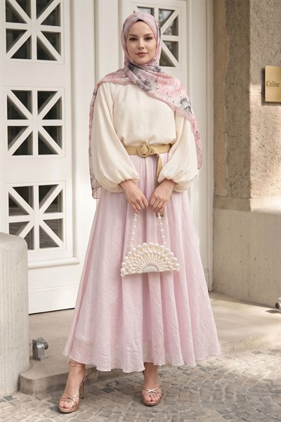 Hasır Kemerli Pembe Tül Etek