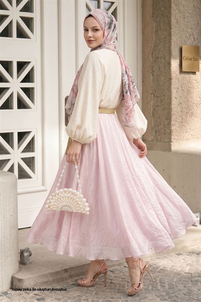 Hasır Kemerli Pembe Tül Etek
