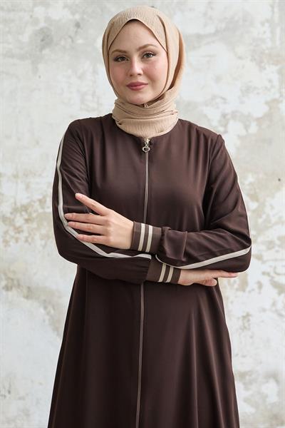 Hazel Şerit Desen Ribanalı Acı Kahve Ferace