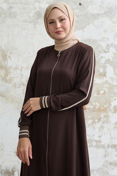 Hazel Şerit Desen Ribanalı Acı Kahve Ferace