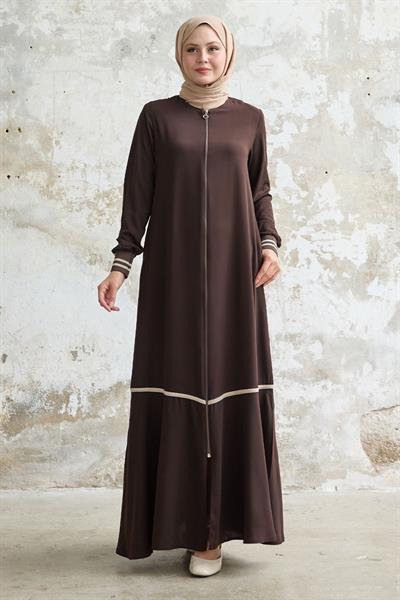 Hazel Şerit Desen Ribanalı Acı Kahve Ferace