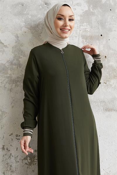 Hazel Şerit Desen Ribanalı Ferace - Haki