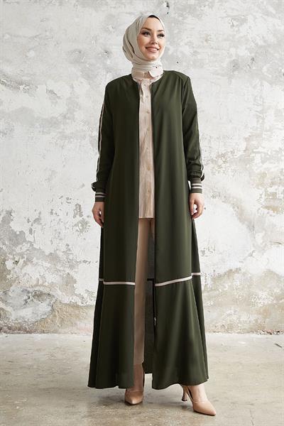 Hazel Şerit Desen Ribanalı Ferace - Haki