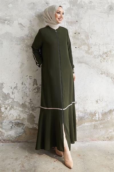 Hazel Şerit Desen Ribanalı Ferace - Haki