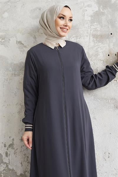 Hazel Şerit Desen Ribanalı Füme Ferace