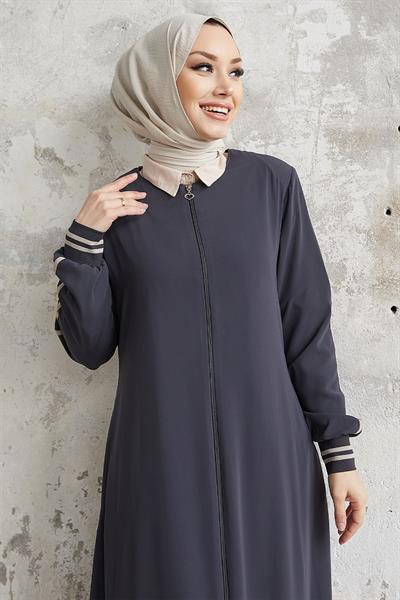 Hazel Şerit Desen Ribanalı Füme Ferace