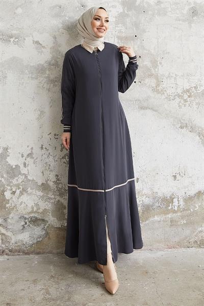 Hazel Şerit Desen Ribanalı Füme Ferace