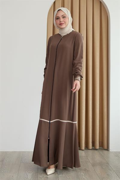 Hazel Şerit Desen Ribanalı Kahverengi Ferace