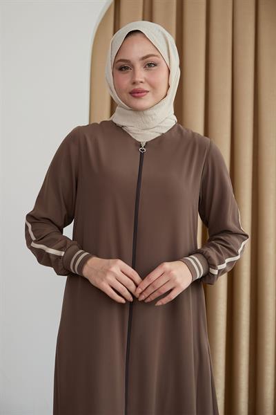 Hazel Şerit Desen Ribanalı Kahverengi Ferace