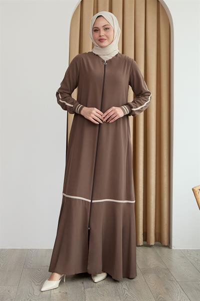 Hazel Şerit Desen Ribanalı Kahverengi Ferace