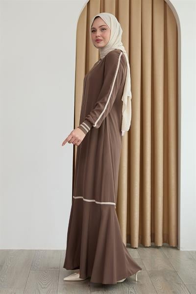 Hazel Şerit Desen Ribanalı Kahverengi Ferace