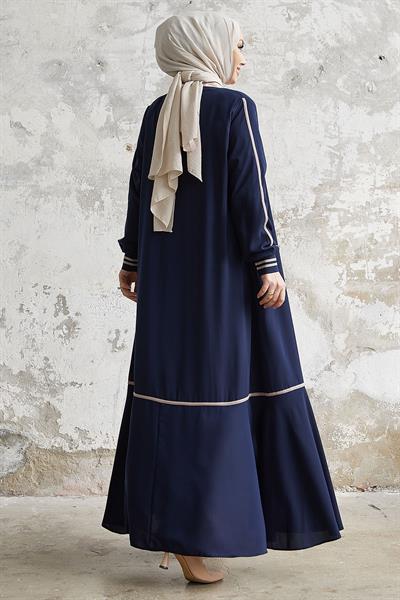 Hazel Şerit Desen Ribanalı Lacivert Ferace