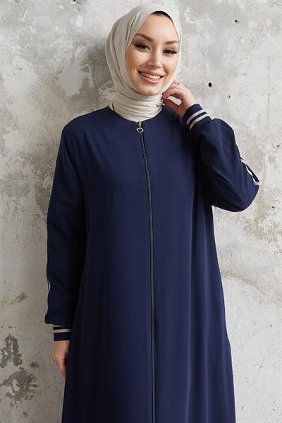 Hazel Şerit Desen Ribanalı Lacivert Ferace