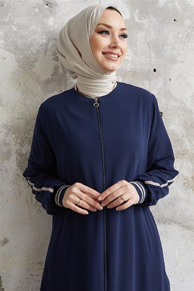 Hazel Şerit Desen Ribanalı Lacivert Ferace