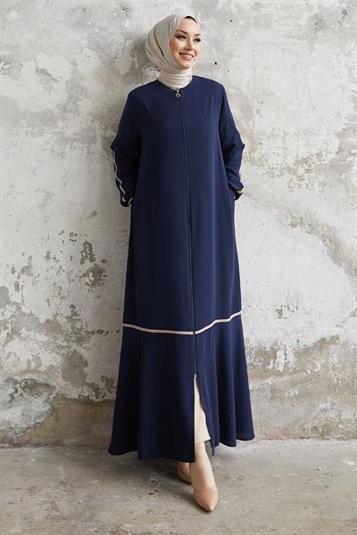 Hazel Şerit Desen Ribanalı Lacivert Ferace