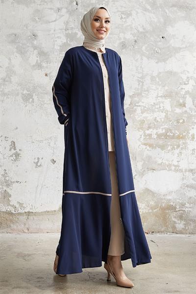 Hazel Şerit Desen Ribanalı Lacivert Ferace