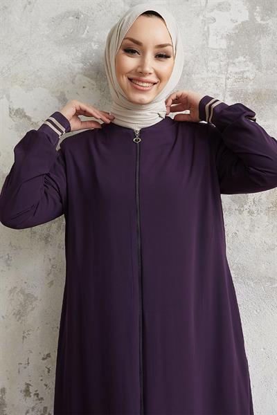 Hazel Şerit Desen Ribanalı Mor Ferace