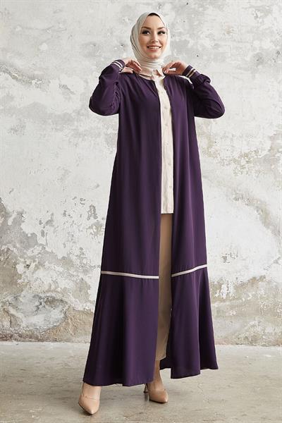 Hazel Şerit Desen Ribanalı Mor Ferace