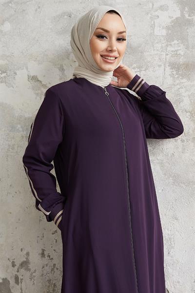 Hazel Şerit Desen Ribanalı Mor Ferace