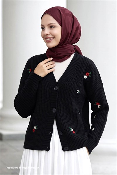 Helly Daisy-Embroidered Knit Cardigan - Black