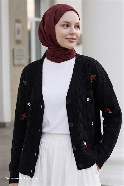 Helly Daisy-Embroidered Knit Cardigan - Black