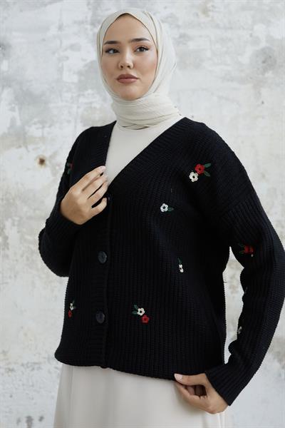 Helly Papatya İşlemeli Hırka - Siyah