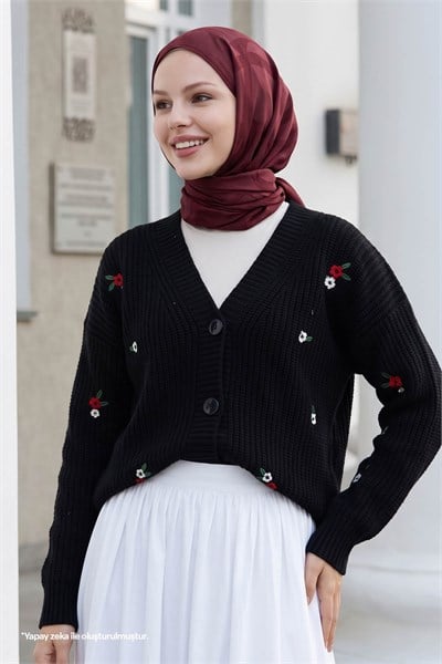 Helly Daisy-Embroidered Knit Cardigan - Black